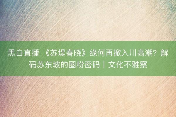 黑白直播 《苏堤春晓》缘何再掀入川高潮？解码苏东坡的圈粉密码｜文化不雅察